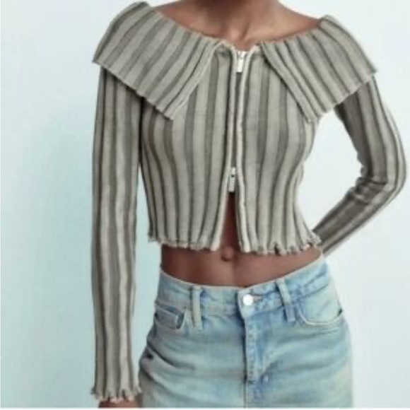 ZARA Double Zipper Ribbed Collared Cropped Sweater Cardigan Raw Hem M Tan - Picture 1 of 9